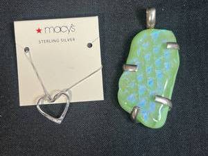 lot 84 image: Sterling Silver Heart Necklace and Green Iridescent Glass Pendant
