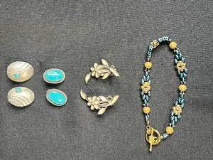 lot 87 image: Collection of 3 Pairs Sterling Silver Clip-On Earrings and Beaded Bracelet