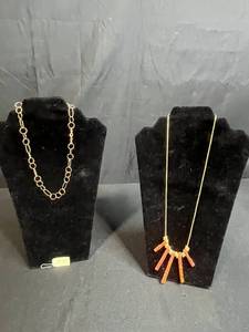 lot 92 image: Set of 2 Necklaces - 18kt Gold Over Sterling Silver and Gold Tone with Red Stone Accents