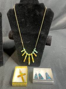 lot 94 image: Dichroic Glass Jewelry Set with Necklace, Earrings, and Cross Pendant