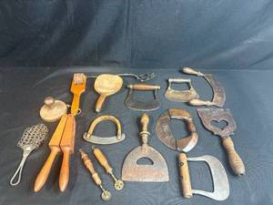 lot 108 image: Antique Kitchen Utensil Collection with Choppers and Wooden Tools