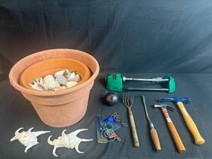 lot 109 image: Mixed Lot Terracotta Pots with Seashells, Hand Tools, and Sprinkler