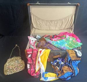 lot 110 image: Vintage Suitcase with Assorted Silk Scarves and Tapestry Purse