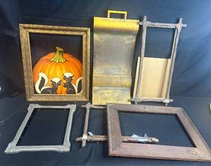 lot 111 image: Collection of 5 Antique and Vintage Wood Picture Frames with Folk Art Skunk Painting