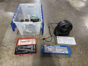 lot 122 image: Assorted Tools and Hardware Collection with Socket Sets, Tap and Die Set, Grinder, Submersible Pump, and Fan