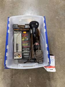 lot 123 image: Box of Welding and Workshop Equipment with BernzOmatic Oxygen Tote Torch Kit and Accessories