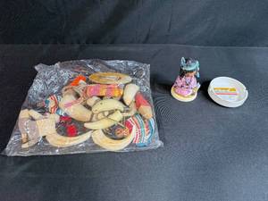 lot 128 image: Vintage Goebel Figurine, Westward Look Resort Ashtray, and Wooden Toy Lot