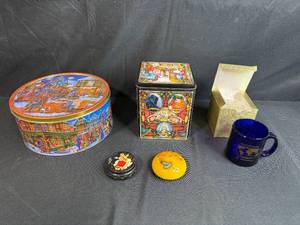 lot 129 image: Collection of Vintage Decorative Tins and Trinket Boxes with Mug