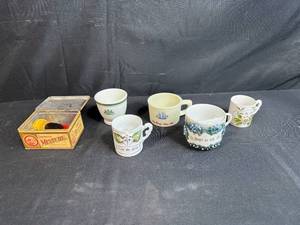 lot 148 image: Collection of 5 Antique Porcelain Cups with Boxed Composition Medallion, Germany and Ship Motifs