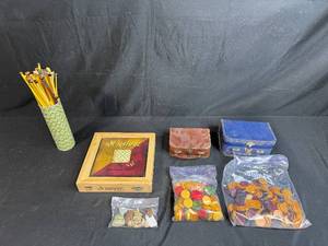 lot 153 image: Collection of Vintage Board Game Pieces, Wooden Box, and Knitting Needles