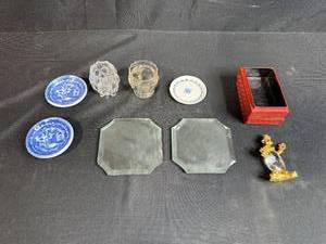 lot 165 image: Collection of Miniature Porcelain, Glass and Decorative Items Including Vintage Red Box and Crystal Clown Figurine