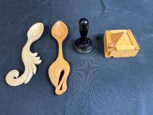 lot 167 image: Set of Hand Carved Wooden Spoons, Wooden Butter Mold, and Vintage Tamper