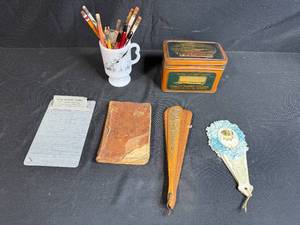 lot 168 image: Vintage School and Writing Collectibles Lot with Prang Tin, Autographs Fan, and 1908 Calendar
