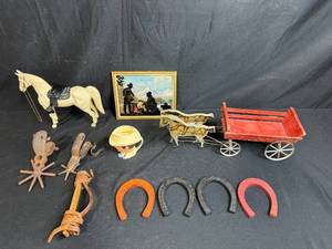 lot 169 image: Vintage Western Collectibles Lot with Roy Rogers Horseshoes, Toy Horse, Wagon, Wall Art, and Cowboy Mug