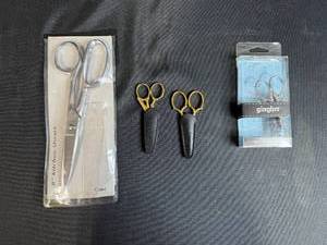 lot 171 image: Lot of 4 Scissors Including Gingher Embroidery, Kitchen Shears, and 2 Gold Tone Scissors with Sheaths