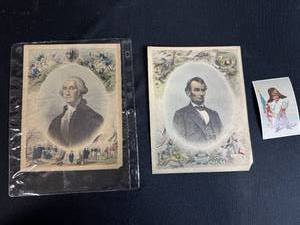lot 172 image: Collection of 3 Vintage Lithograph Prints Featuring Washington, Lincoln, and Circus Soap Advertisement