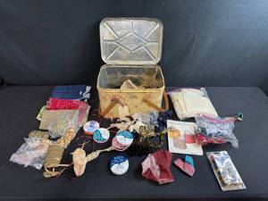 lot 190 image: Vintage Sewing Craft Lot with Tin, Fabric, Lace, Beads and Patterns