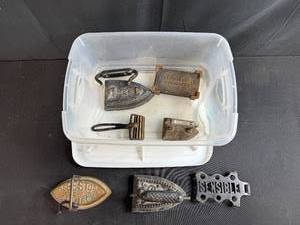 lot 196 image: Collection of Vintage Sad Irons and Iron Accessories