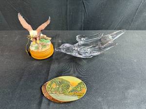 lot 202 image: Bird Figurine Collection Including Westland Eagle Music Box, Crystal Bird and Wood Slice Art