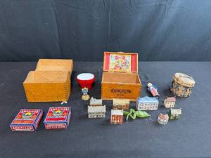 lot 206 image: Collection of Wade England and Ireland Porcelain Miniature Buildings with Vintage Boxes and Trinkets