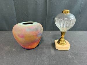 lot 209 image: Artisan Raku Pottery Vase and Antique Victorian Glass Oil Lamp