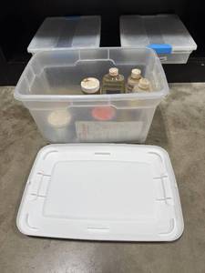 lot 214 image: Collection of Metal Polish, Cleaners, and Repair Supplies in Storage Tote  quantities iunverified