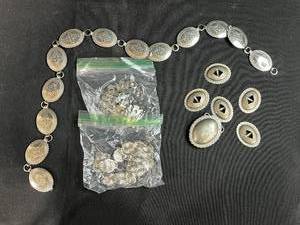 lot 229 image: Collection of Western Style Silver Conchos, Buckle, and Belt Parts