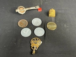 lot 241 image: Assorted Vintage Coins and Collectible Tokens with Novelty Items