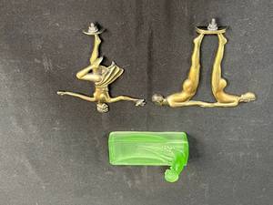 lot 247 image: Art Deco Nude Woman Glass Trinket Dish and Pair of Brass Ballerina Finials