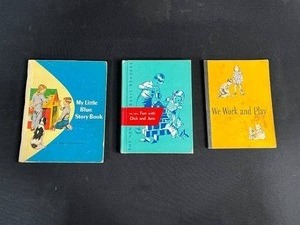 lot 253 image: Lot of 3 Vintage Early Reader Books My Little Blue Story Book, Fun with Dick and Jane, We Work and Play