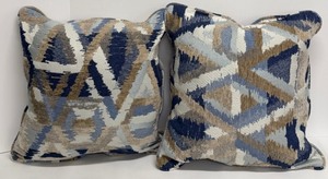 lot 305 image: Geometric Throw Pillows - Navy, Tan, Ivory & Light Blue Pattern (Lot of 2) -Matches Lot 307