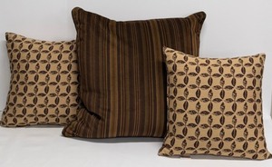 lot 338 image: Sunbrella Cushions - 3-Piece Set Brown Stripe & Leaf Print