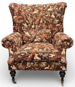 lot 5 image: Carol Hicks Bolton for EJ Victor Armchair - Brown Floral Horse & Rider Tapestry Upholstery (Matches lot 4)