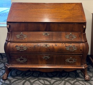 lot 19 image: Antique Mahogany Drop-Front Secretary Desk with Leather Writing Surface & Brass Pulls