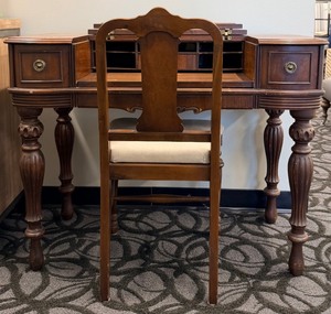 lot 27 image: Antique Secretary Desk with Drop-Front Writing Surface, Turned Legs and Accompanying Chair