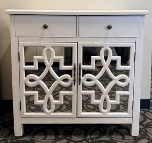 lot 28 image: White Vintage Console Cabinet with Two Drawers &amp Mirrored Lattice Doors