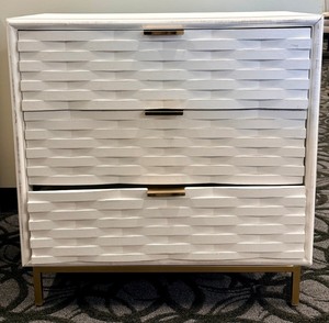 lot 29 image: Dresser - White Textured 4-Drawer with Brass Handles &amp Gold Legs