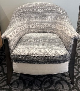 lot 31 image: Sam Moore Accent Chair - Grey & White Geometric Upholstery, Dark Wood Legs