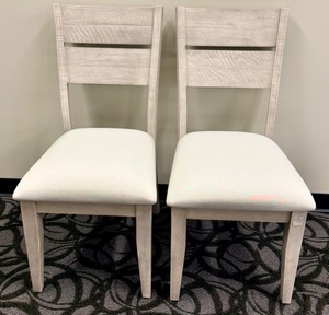lot 36 image: Honai Dining Chairs - White Upholstered Seats - Light Wood Finish - Slatted Back - Set of 2 (Matches lot 35)