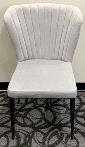 lot 40 image: Gray Velvet Dining Chair - Channel Back, Vertical Seams & Black Metal Legs
