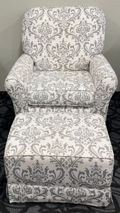 lot 41 image: Damask-Pattern Upholstered Armchair & Matching Ottoman Set - Gray on Ivory