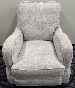 lot 46 image: Sam Moore Armchair - Upholstered Gray Textured Fabric, Wood Turned Legs
