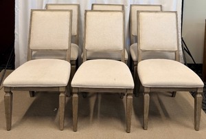 lot 54 image: Dining Chairs - Set of 6 Upholstered, Wood Frame, Light Beige Fabric, Weathered Finish