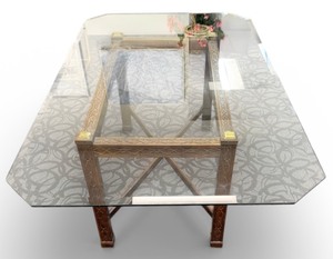 lot 58 image: Antique-Style Carved Wood Base Dining Table with Glass Top