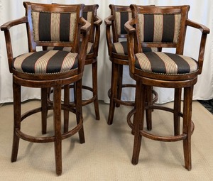 lot 59 image: Bar Stools Set of 4 - Vintage Wood with Striped Upholstery