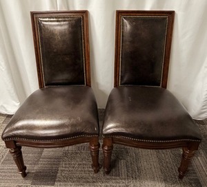 lot 63 image: Thomasville Leather Dining Chairs Pair - Nailhead Trim & Carved Wood Legs (Set of 2 - matching lots 64 & 65)