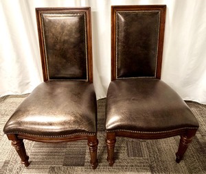 lot 64 image: Thomasville Leather Dining Chairs Pair - Nailhead Trim & Carved Wood Legs (Set of 2 - matching lots 63 & 65)