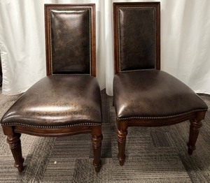 lot 65 image: Thomasville Leather Dining Chairs Pair - Nailhead Trim & Carved Wood Legs (Set of 2 - matching lots 63 & 64)
