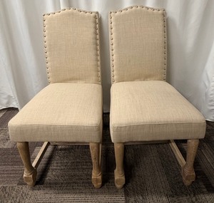 lot 73 image: Legacy Classic Furniture Dining Chairs - Linen Beige Upholstery with Nailhead Trim - Set of 2 (Matches lots 71 & 72)