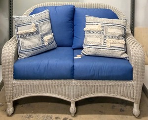 lot 82 image: Casualine 2-Seater Wicker Sofa with Blue Cushions&nbsp